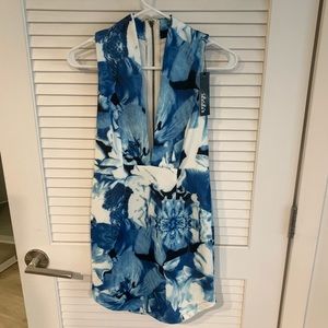 SOLD: Lulu’s blue floral deep v bodycon minidress